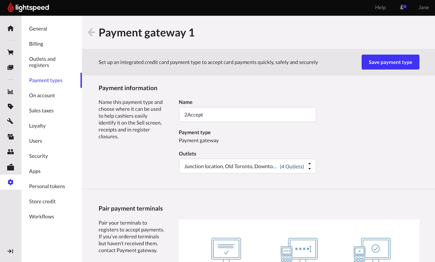 Page d’un nouveau type de paiement, où il est possible de saisir un nom, de sélectionner un ou plusieurs établissements et d’enregistrer le type de paiement.