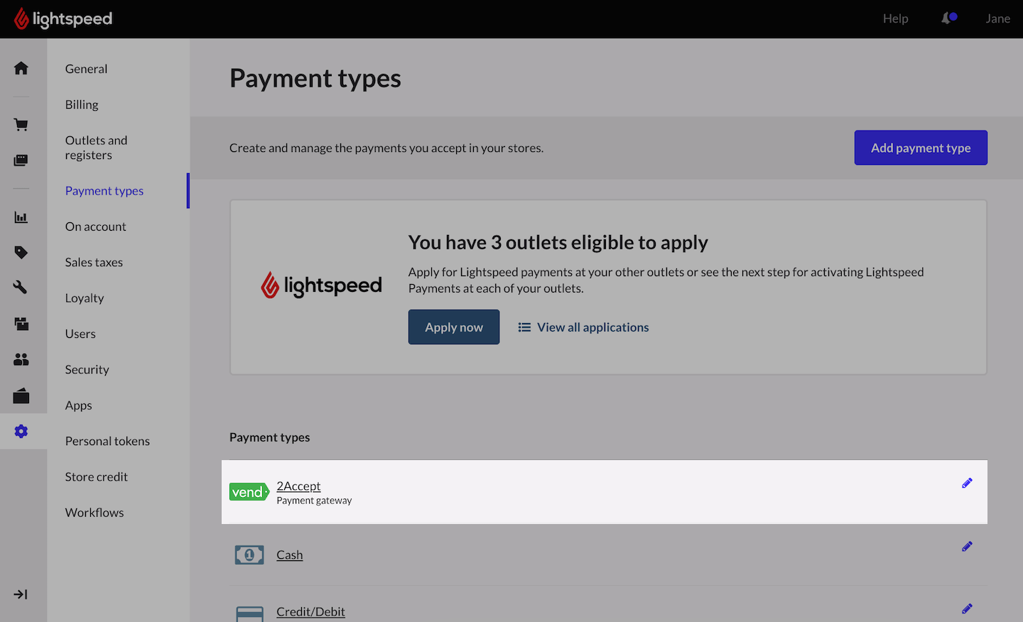 Page contenant une liste de tous les types de paiement disponibles, 2Accept est mis en évidence.