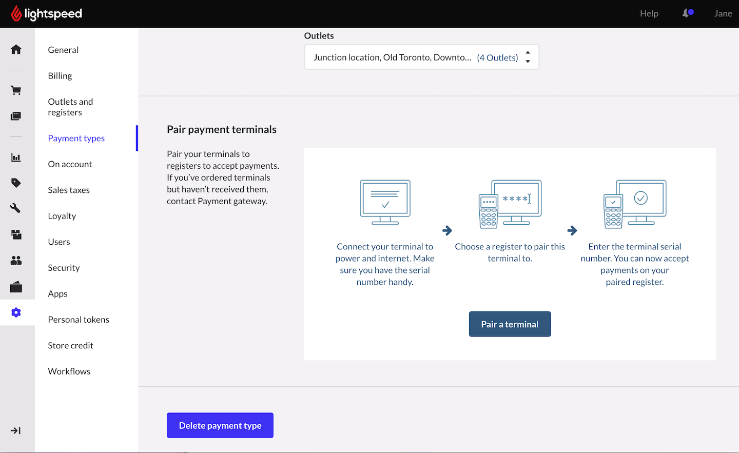 Page du type de paiement 2Accept, l’option Jumeler un terminal est visible
