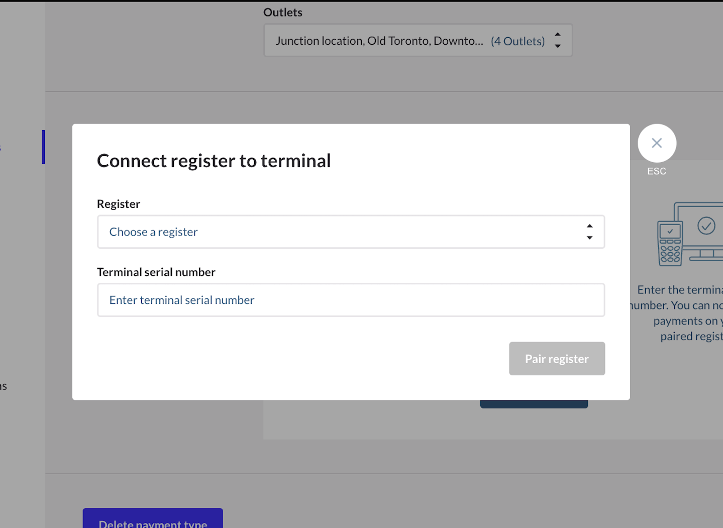 Fenêtre contextuelle permettant de sélectionner une caisse et de saisir le numéro de série du terminal.