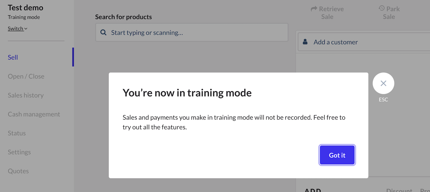 Fenêtre contextuelle d’activation du mode formation, le bouton de confirmation Got it (j’ai compris) est visible.