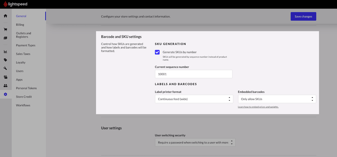 Section des paramètres des codes à barres et des UGS permettant de configurer la génération d’UGS, le numéro de séquence ainsi que les étiquettes et codes à barres
