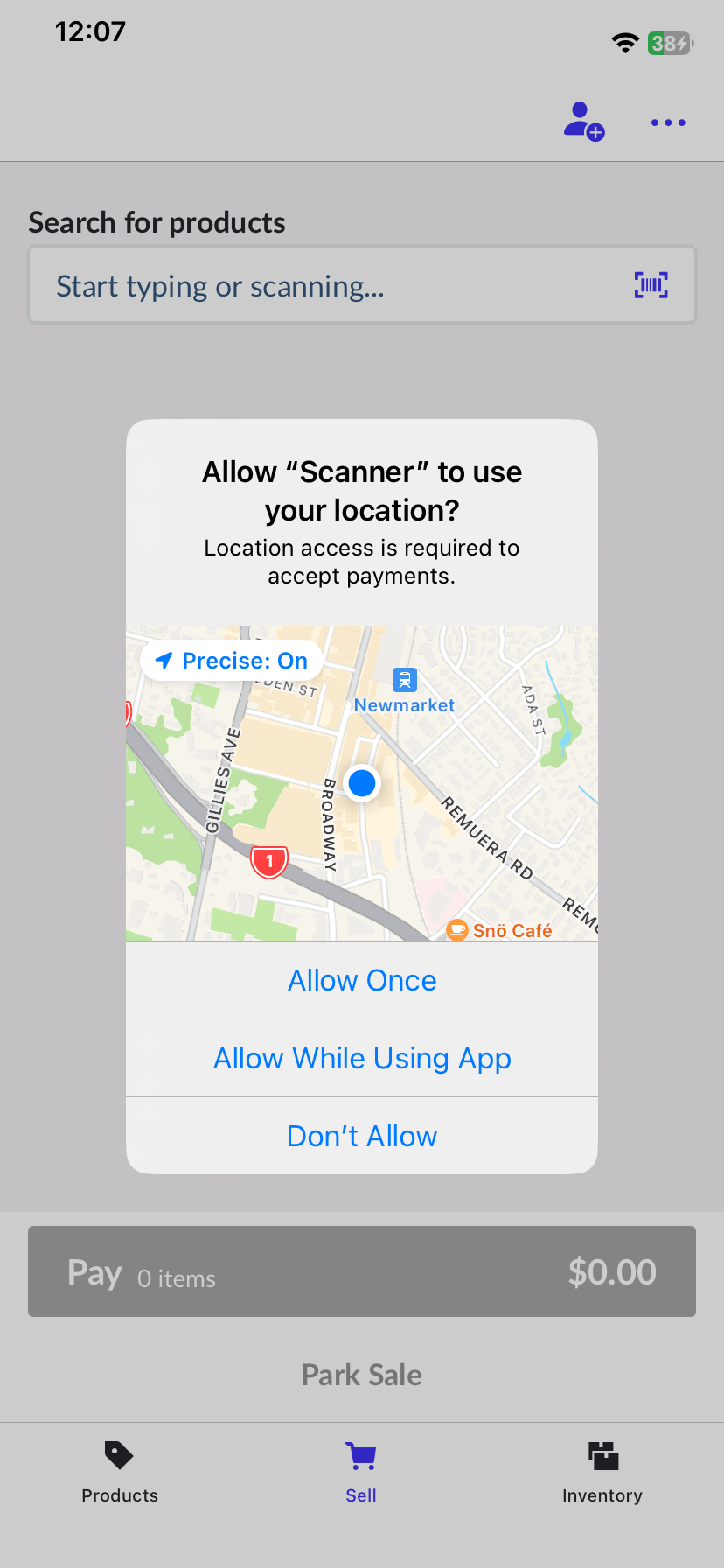 Pop-upvenster om Scanner toestemming te geven om je locatie te gebruiken, met de opties om toegang tot locatie eenmalig, bij gebruik van de app of nooit toe te staan.