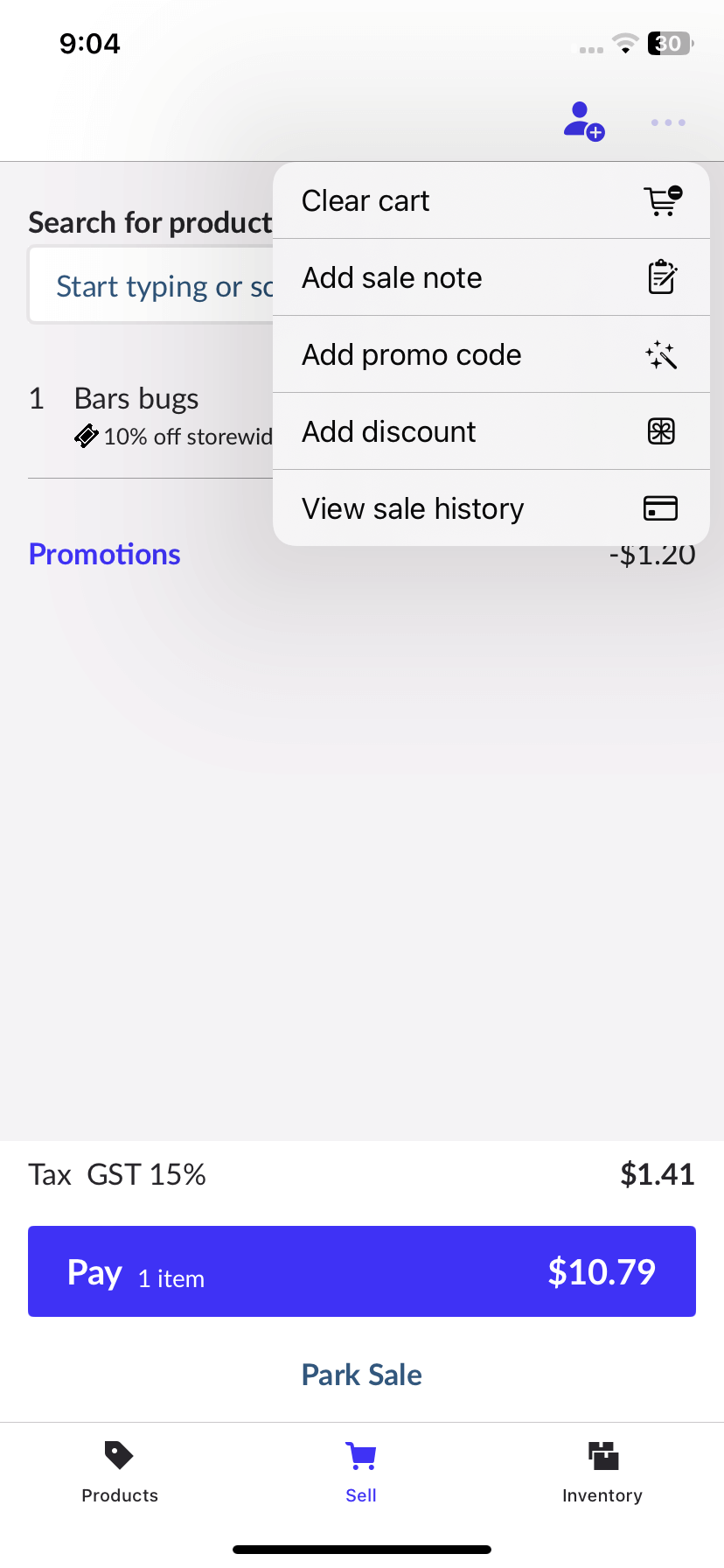 Aanvullende opties wanneer op de drie stippen (Meer opties) wordt geklikt: Verkoopgeschiedenis bekijken, Opmerking bij verkoop toevoegen, Promocode toevoegen, Korting toevoegen en Verkoop verwijderen.