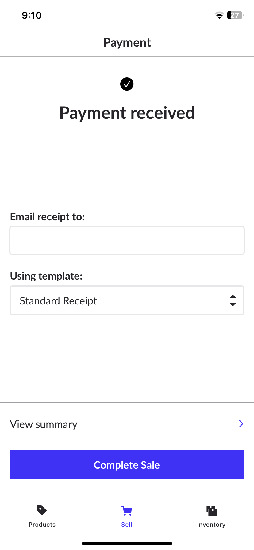 De optie om een e-mailadres in te voeren voor de kassabon en de verkoop te voltooien.