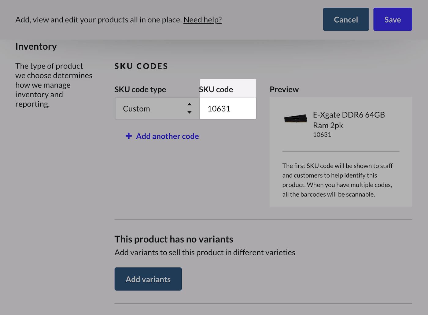 Champ permettant de saisir ou de numériser un code UGS.