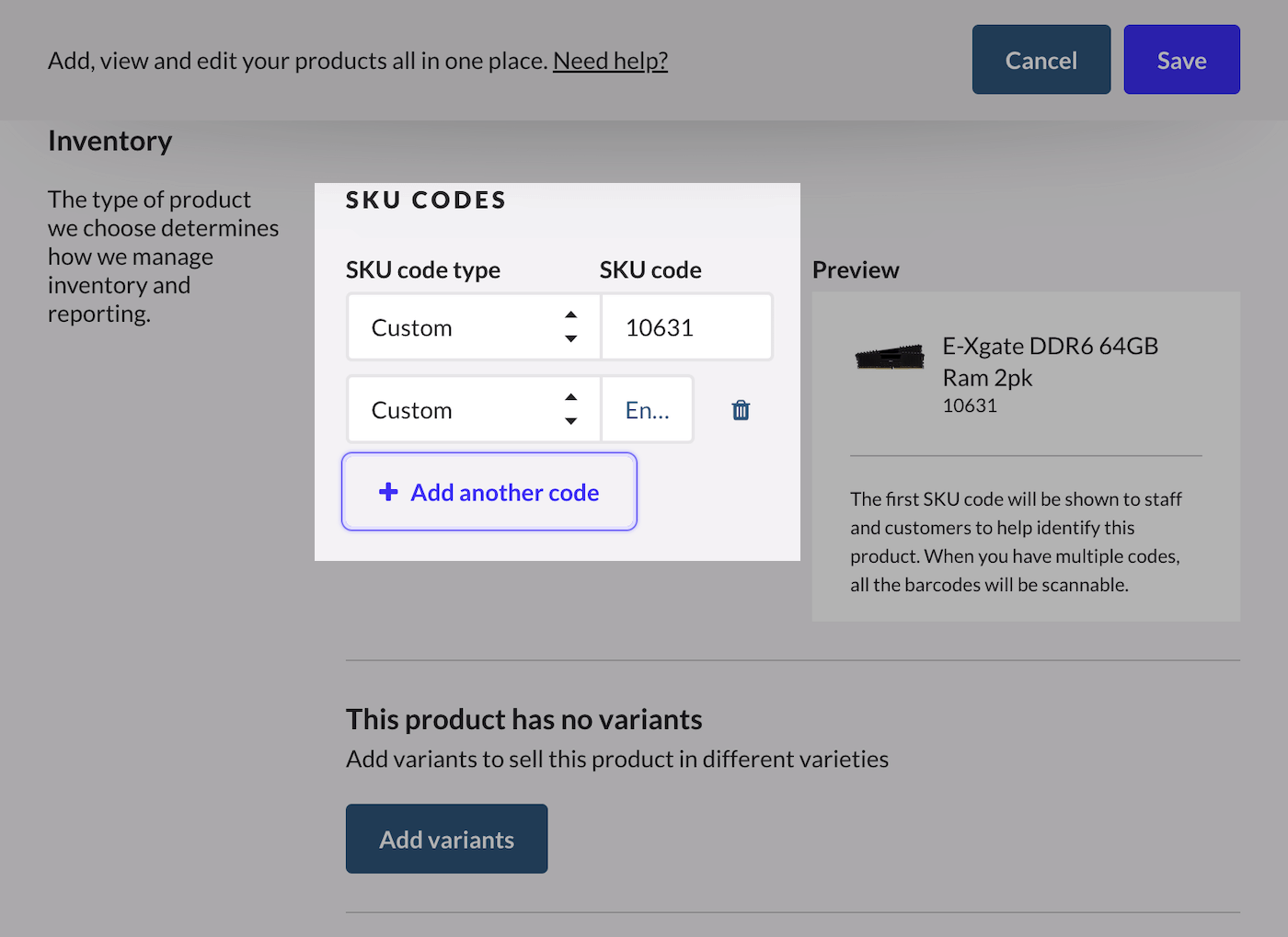 Bouton permettant d’ajouter d’autres types de codes UGS