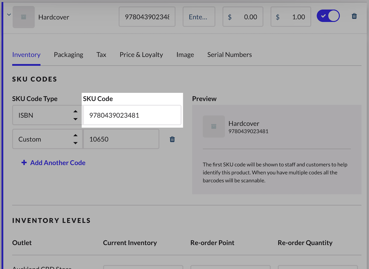 Champ Code UGS pour une variante de produit