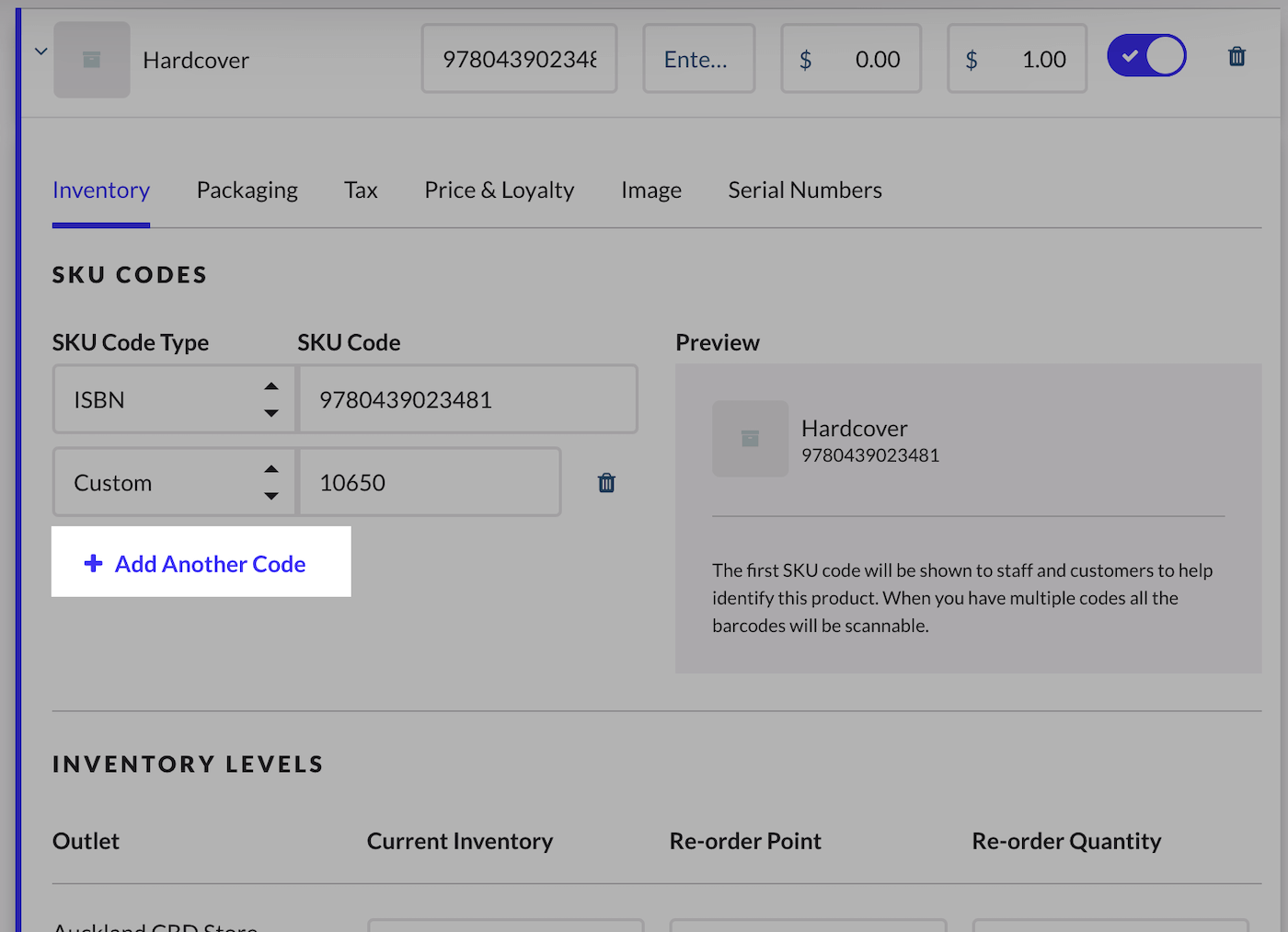 Bouton Ajouter un code pour ajouter d’autres types de codes UGS à une variante de produit