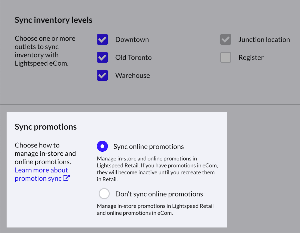 Pagina met eCom-instellingen in Retail POS waarop de optie Promoties synchroniseren met eCom is ingeschakeld.