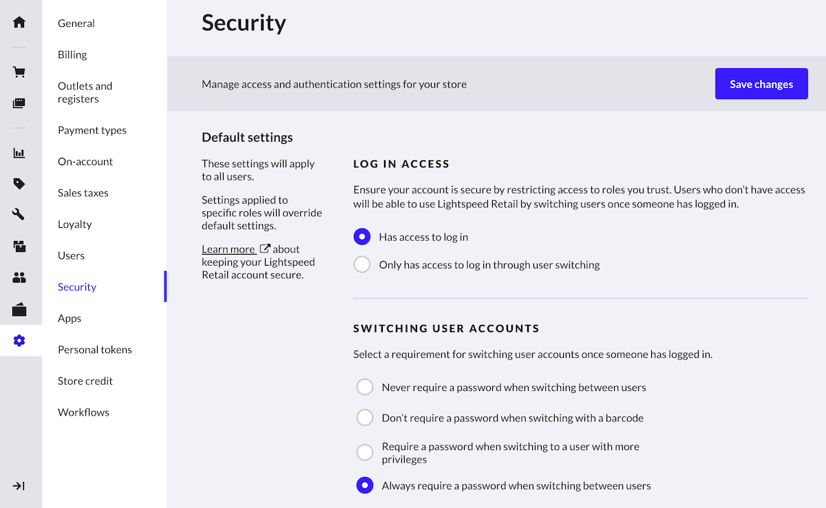 Pagina Beveiliging met verschillende beveiligingsniveaus voor het wisselen tussen gebruikersaccounts.