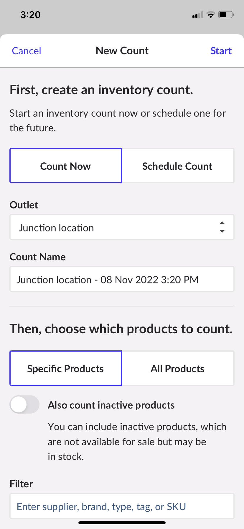 Page Nouveau dénombrement contenant des options permettant d’effectuer un dénombrement des stocks maintenant ou d’en prévoir un pour plus tard, de sélectionner l’emplacement, et d’effectuer un dénombrement partiel ou total.