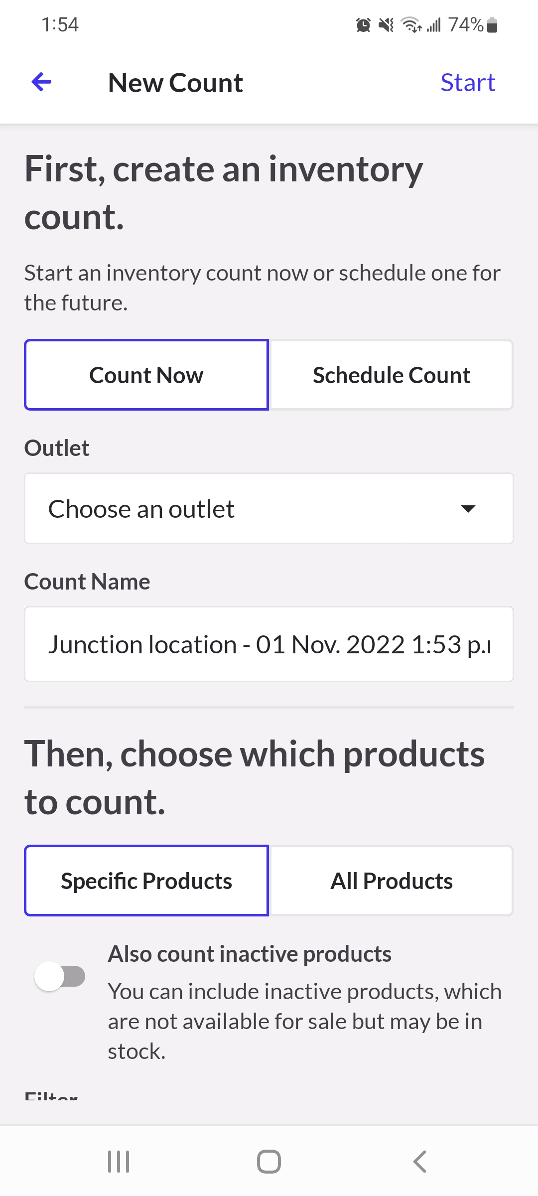 Page Nouveau dénombrement contenant des options permettant d’effectuer un dénombrement des stocks maintenant ou d’en prévoir un pour plus tard, de sélectionner l’emplacement, et d’effectuer un dénombrement partiel ou total.