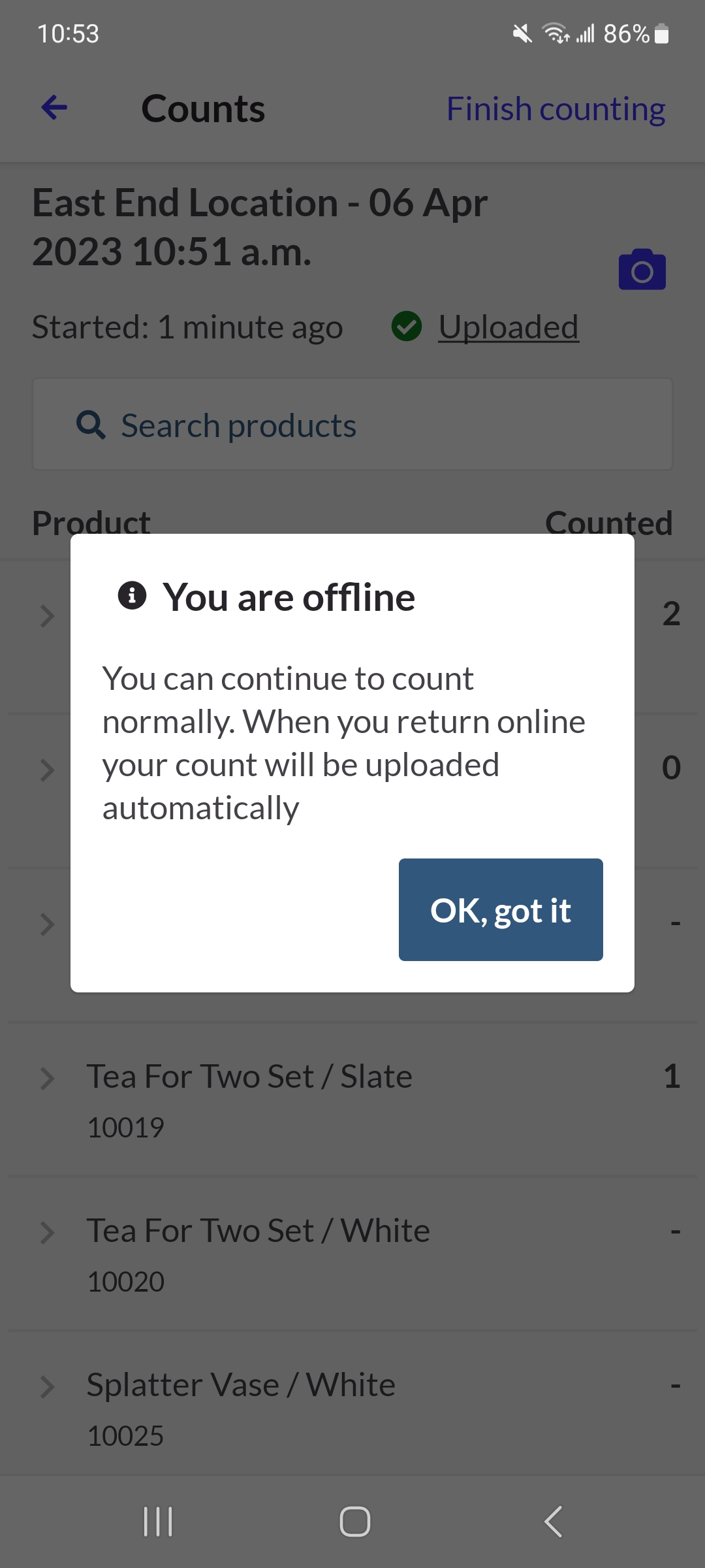 Message indiquant que l’appareil est hors ligne pendant un dénombrement des stocks.