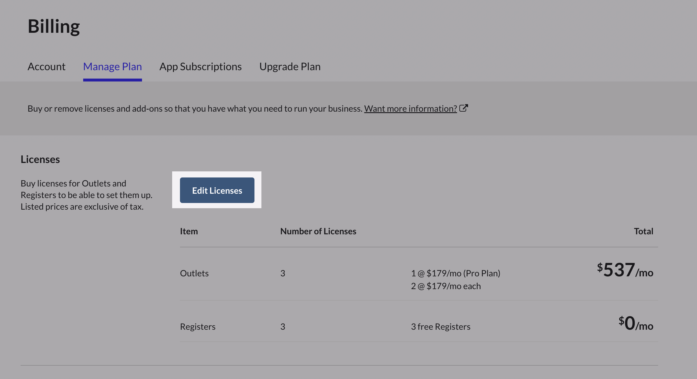 Onglet Gestion du forfait de la page Facturation, le bouton Modifier les licences est mis en surbrillance.