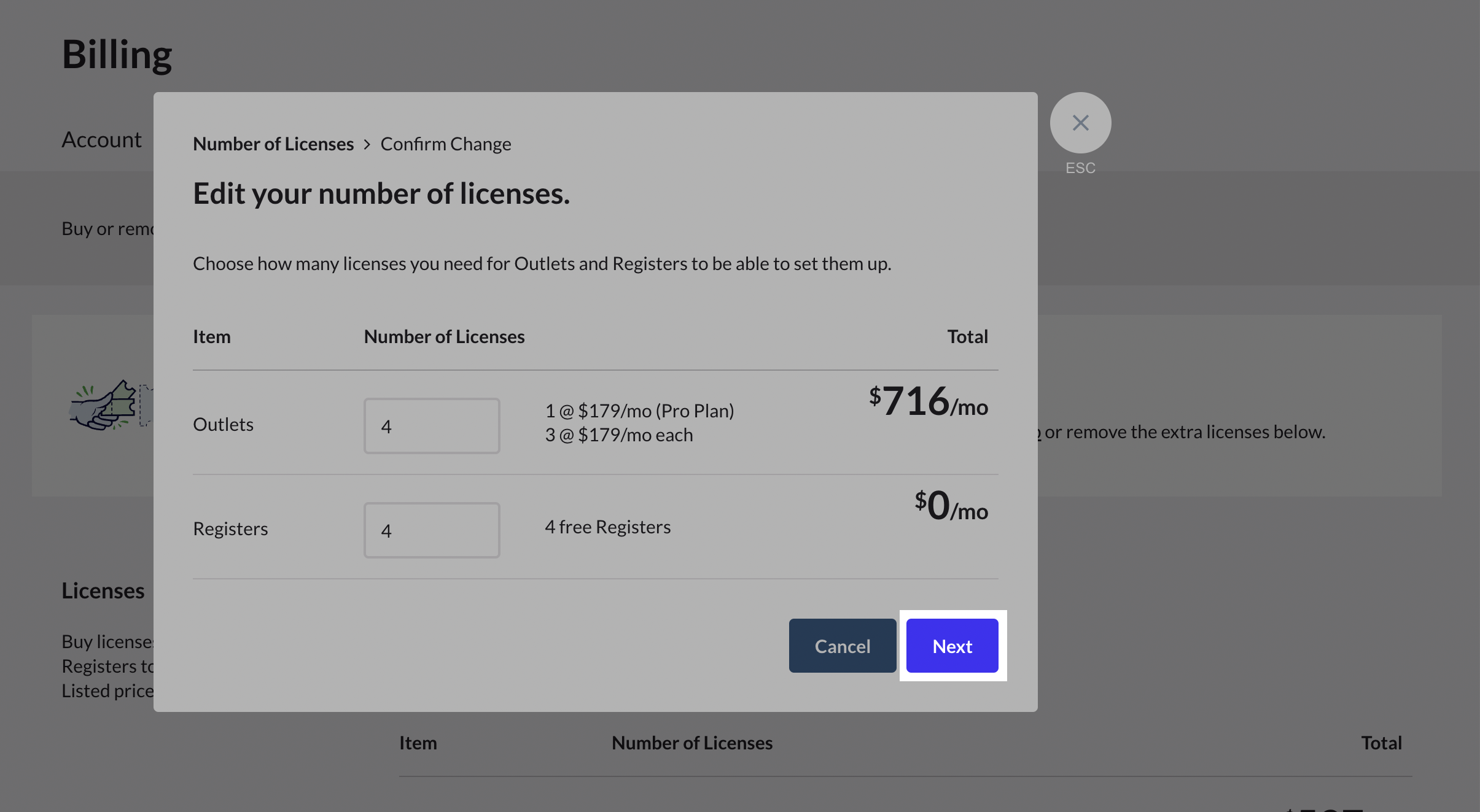 La fenêtre Modifiez votre nombre de licences apparaît et le bouton Suivant est en surbrillance.