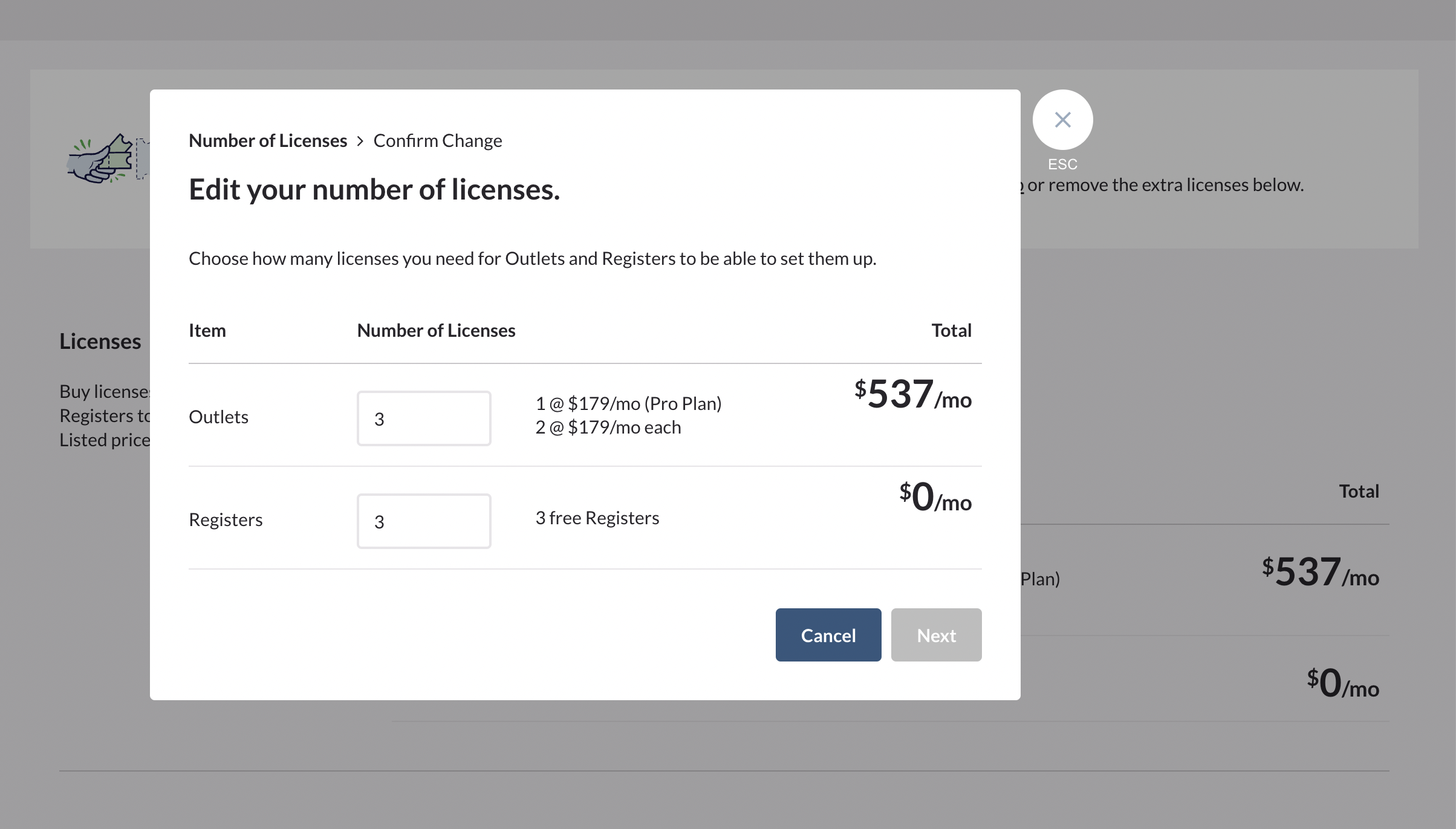 Après avoir cliqué sur le bouton Modifier les licences, une fenêtre contextuelle Modifiez votre nombre de licences s’affiche et contient des champs de saisie, des prix et les boutons Annuler et Suivant.
