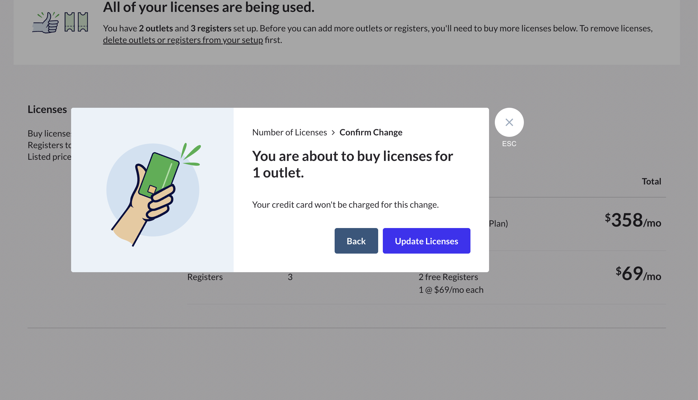 Une fenêtre contextuelle confirmant Vous êtes sur le point d’acheter des licences pour 1 établissement avec les boutons Retour et Mettre à jour les licences.