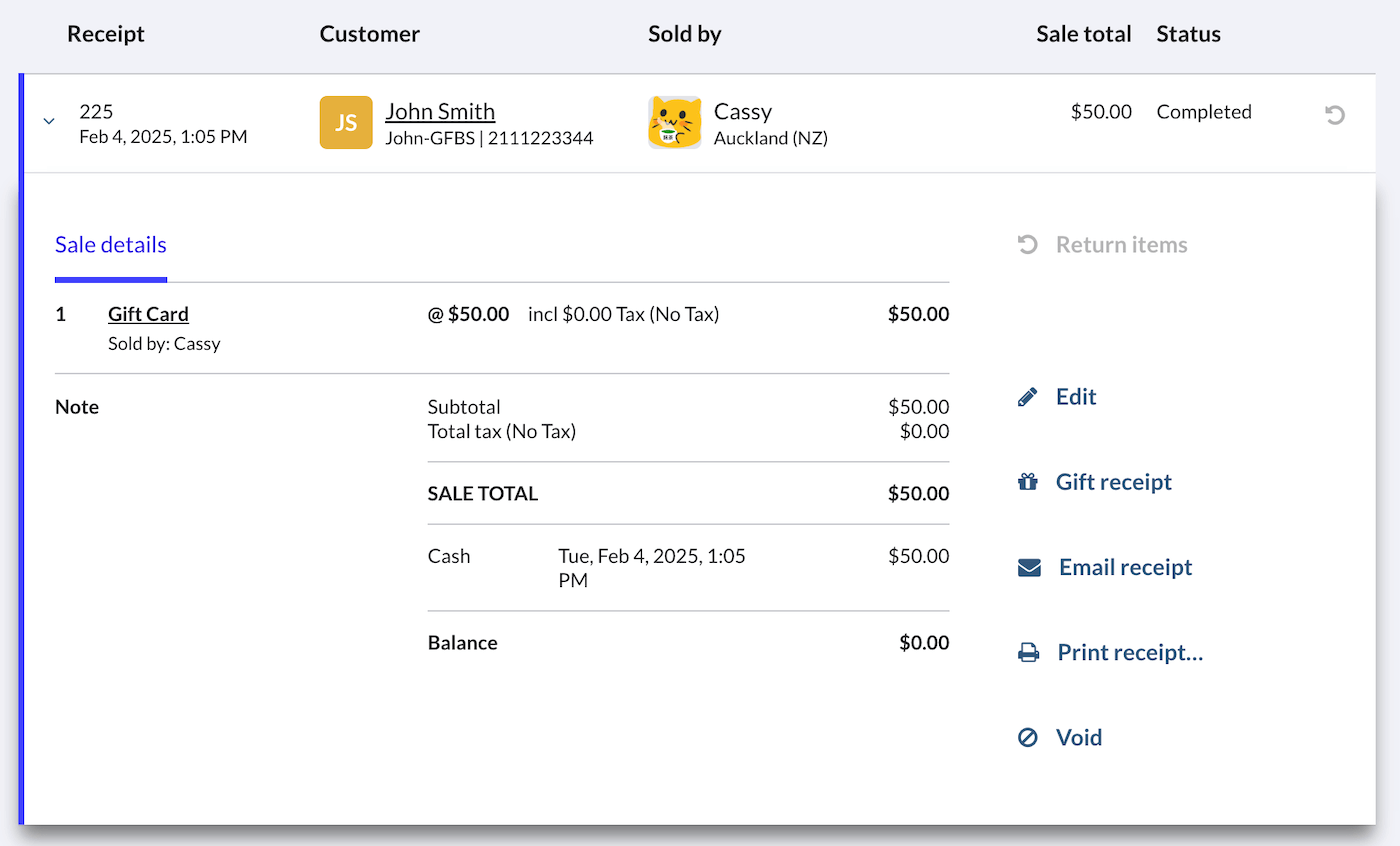 Sales history gift card sale row