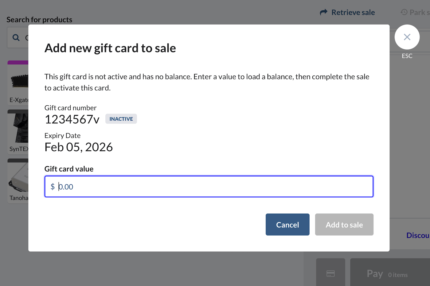 Sell screen Add gift card to sale window