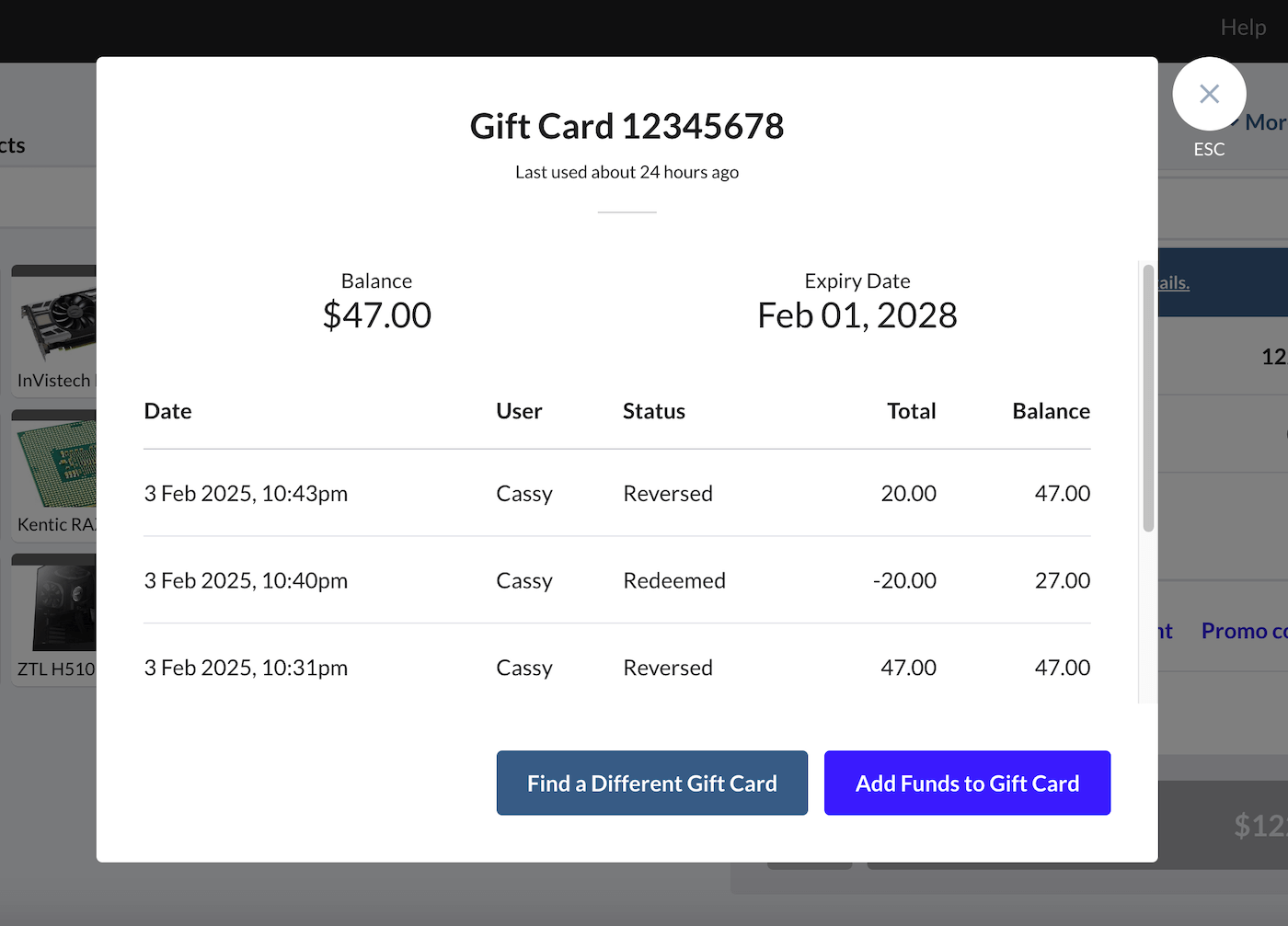 Gift cards balance