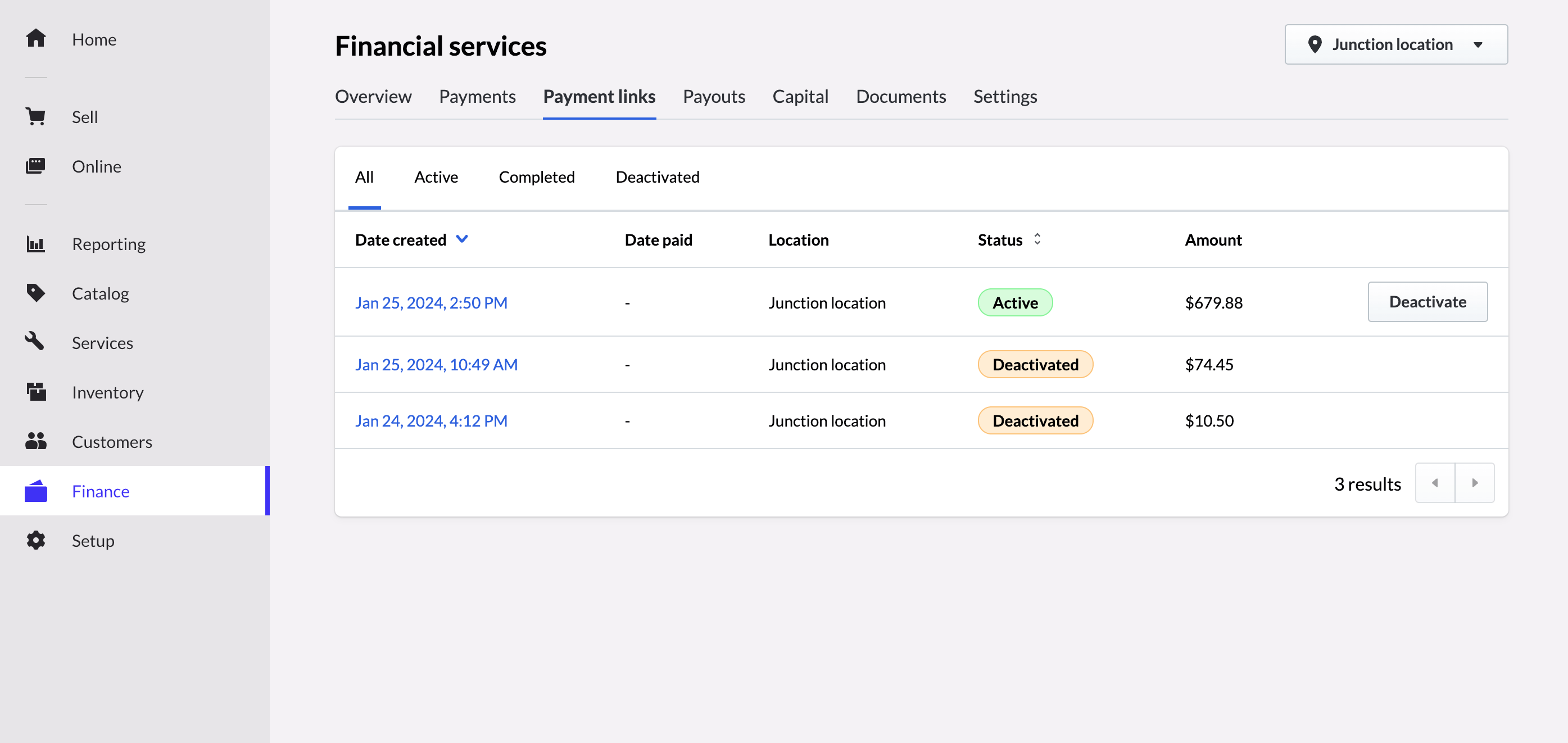 Page Gestion financière avec un onglet Liens de paiement affichant tous les liens de paiement envoyés.