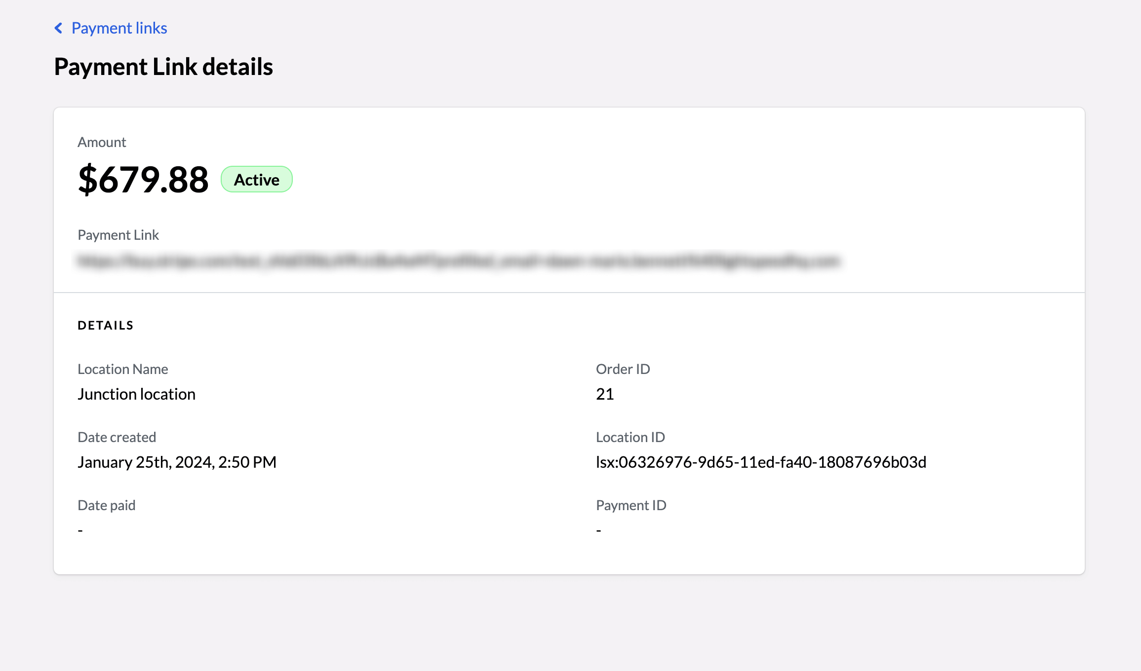 La page des détails des liens de paiement affiche les informations relatives au lien de paiement.