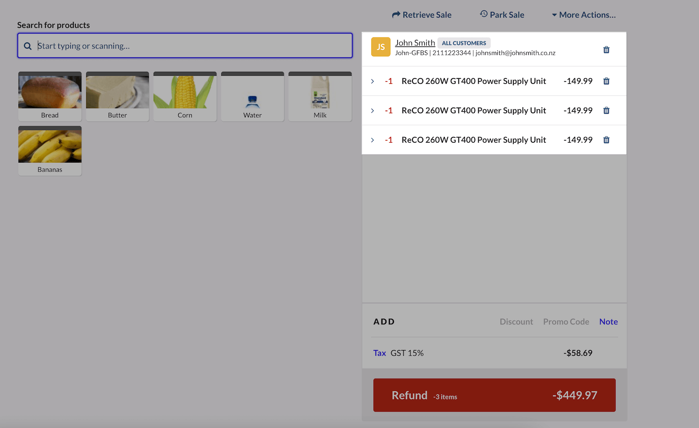 Sell screen showing 3 items with negative quantity and value.