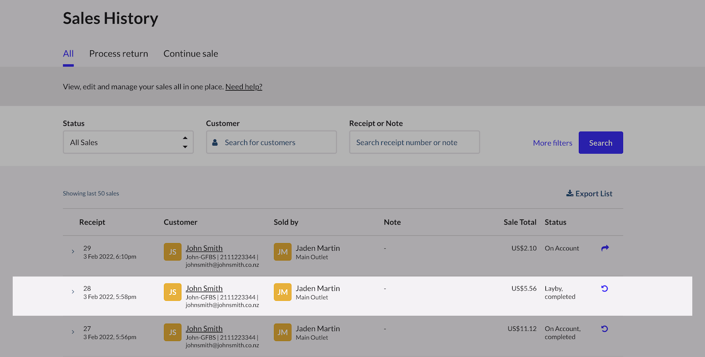 Sales History page with individual sale highlighted and reverse arrow icon visible.