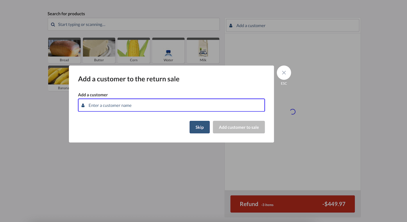 Pop-up to Add a customer to the return sale with options to Skip or Add customer to sale.
