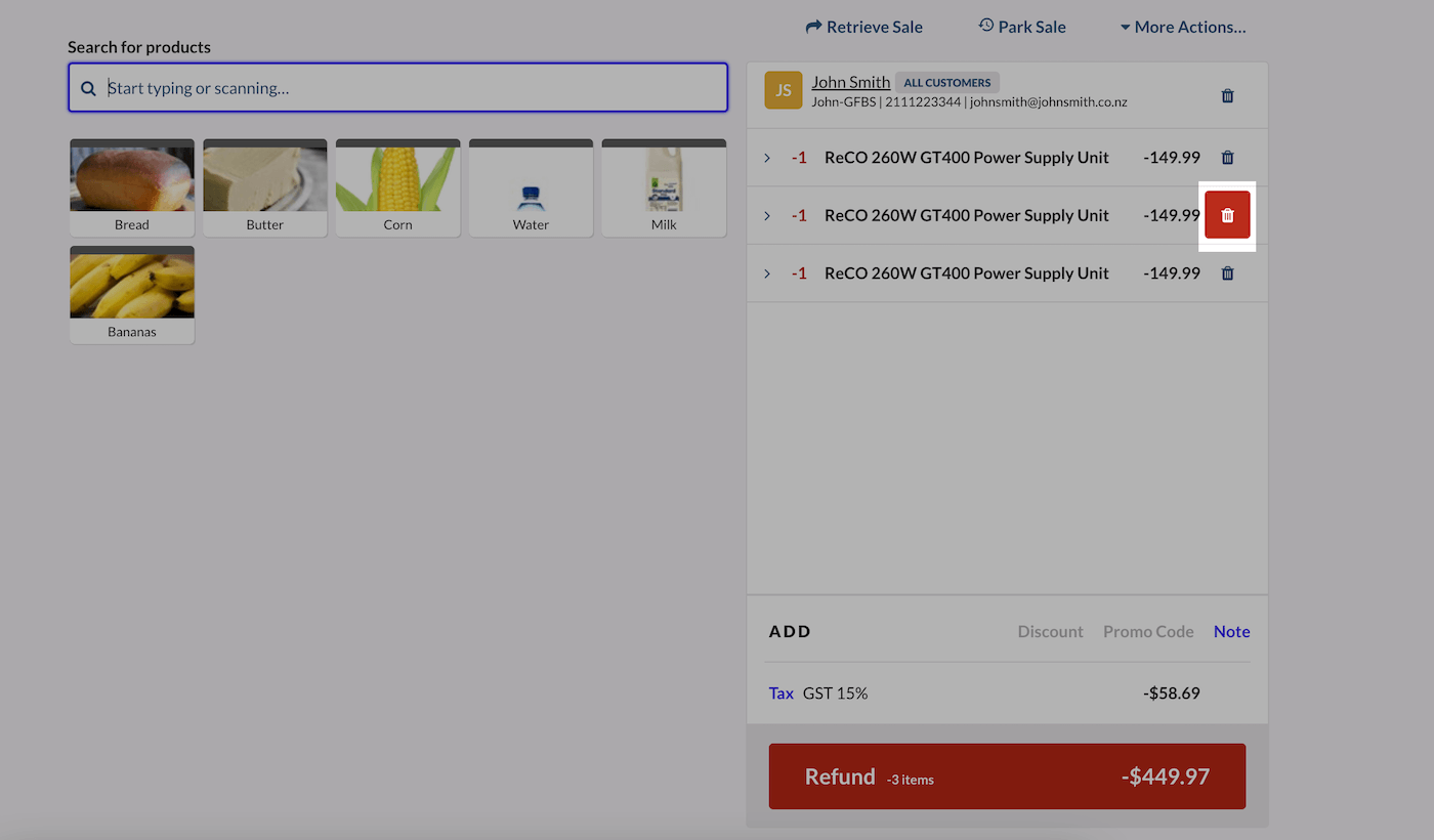 Sell screen with individual trash icon emphasized for 1 item.