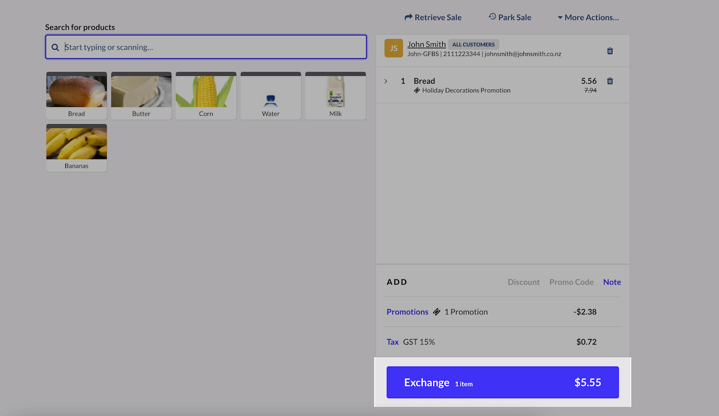 Sell screen with Exchange button emphasized.