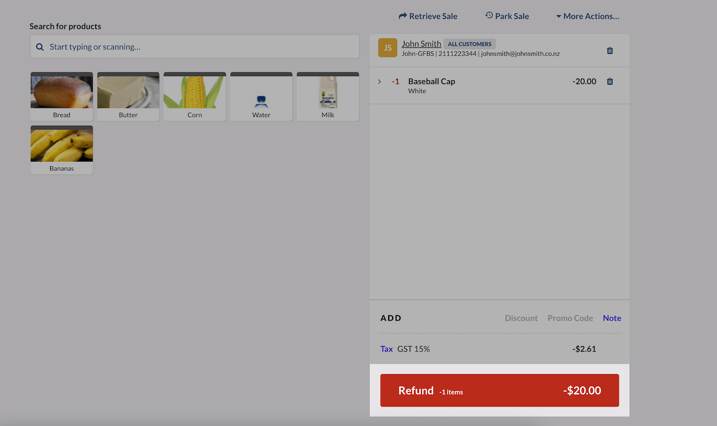 Sell screen with Refund button emphasized.