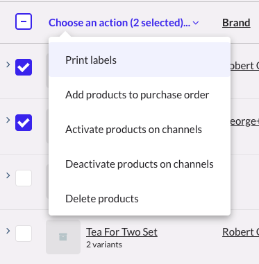 Liste déroulante Choisir une action avec l’option Imprimer des étiquettes en surbrillance.