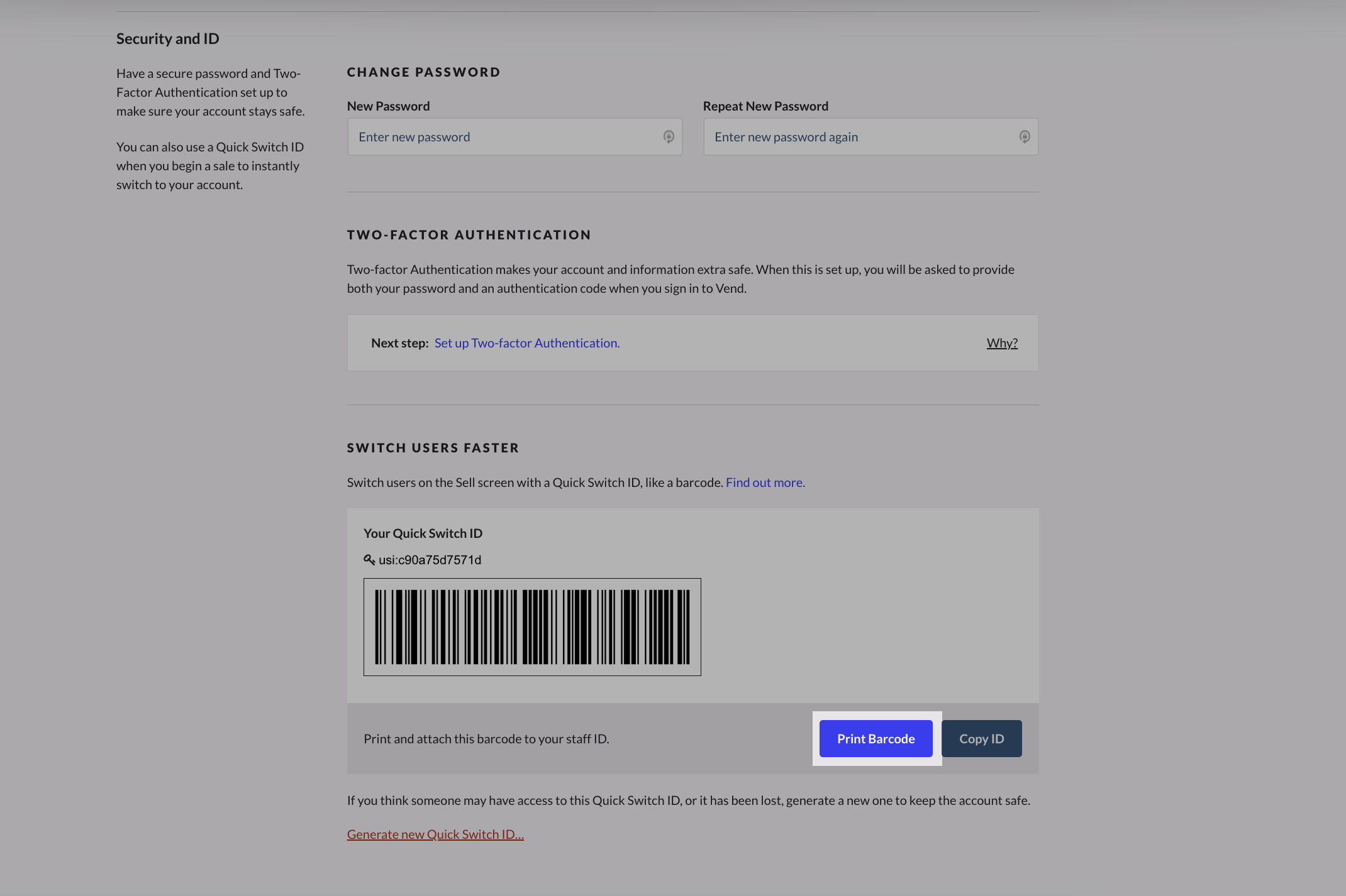 Section Sécurité et identifiant, le bouton Imprimer le code à barres est mis en évidence