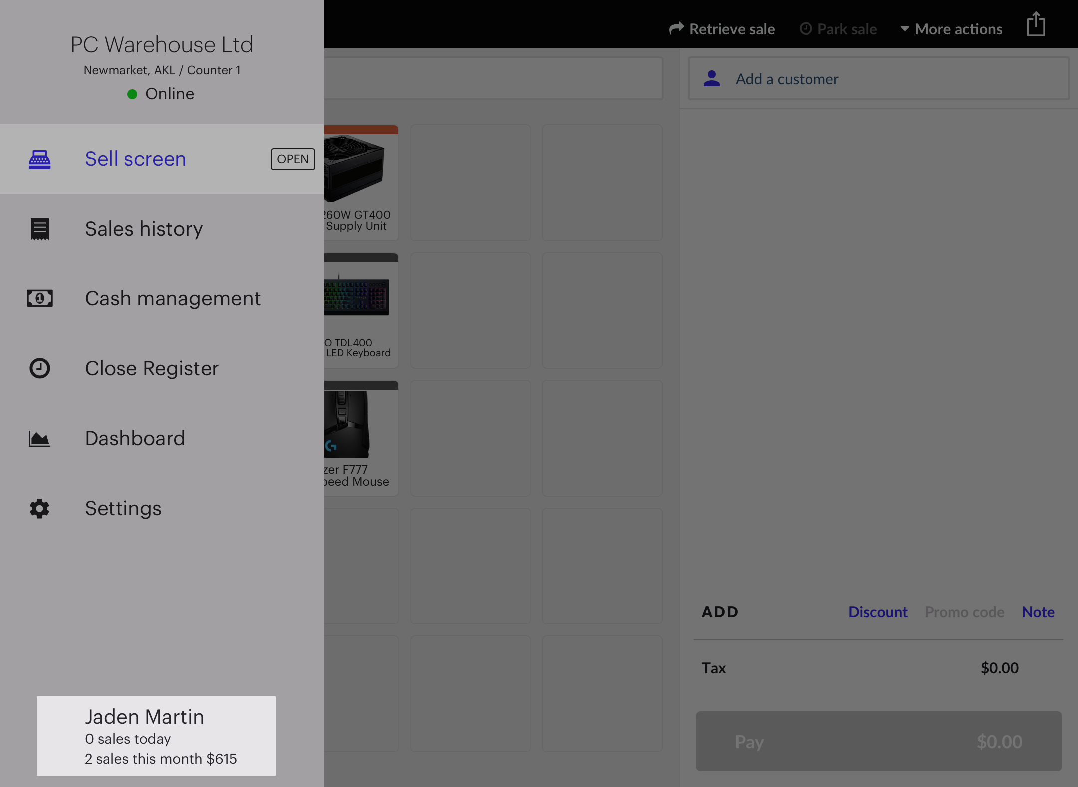 Menu sur iPad, le nom d’utilisateur est mis en évidence