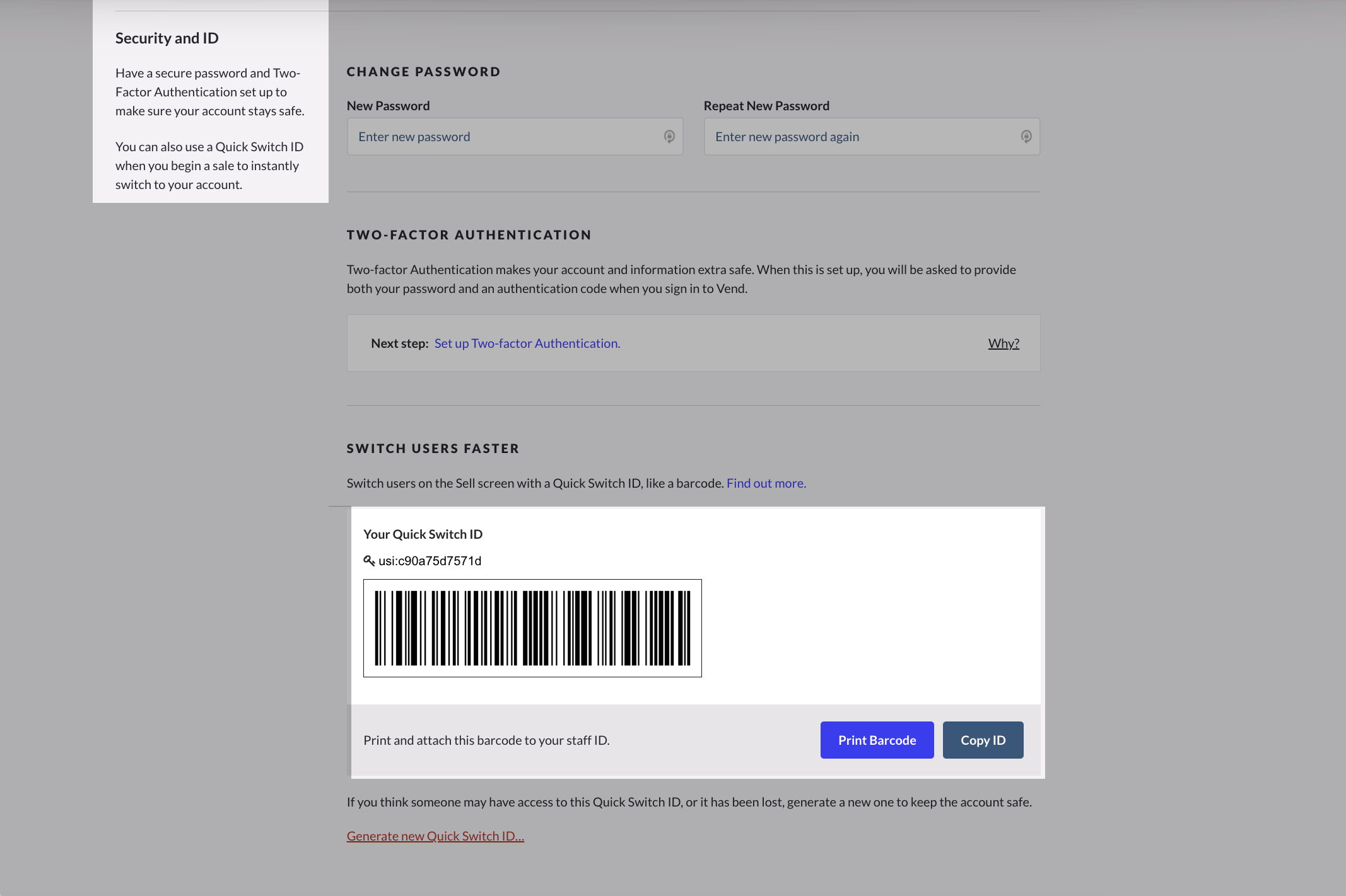 Section Sécurité et identifiant, le code à barres d’utilisateur est mis en évidence