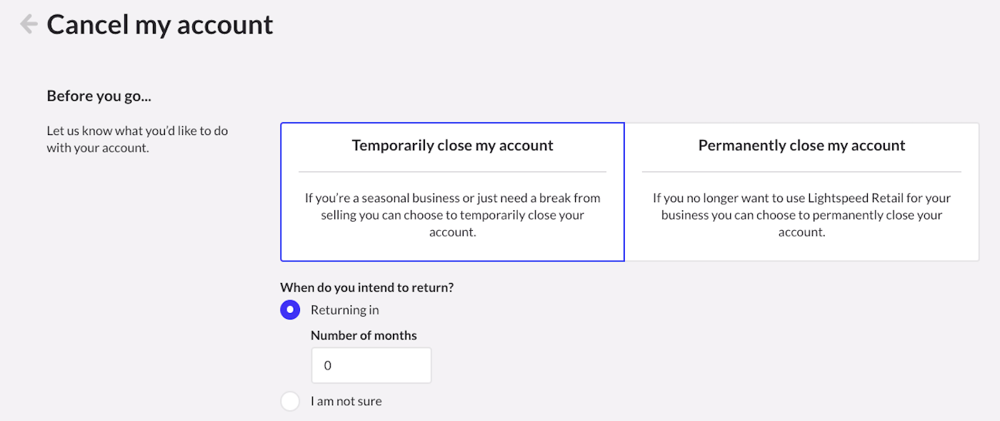 Boîte Suspendre mon compte avec des options permettant de saisir le nombre de mois de mise en veille du compte ou de cocher Je ne sais pas.