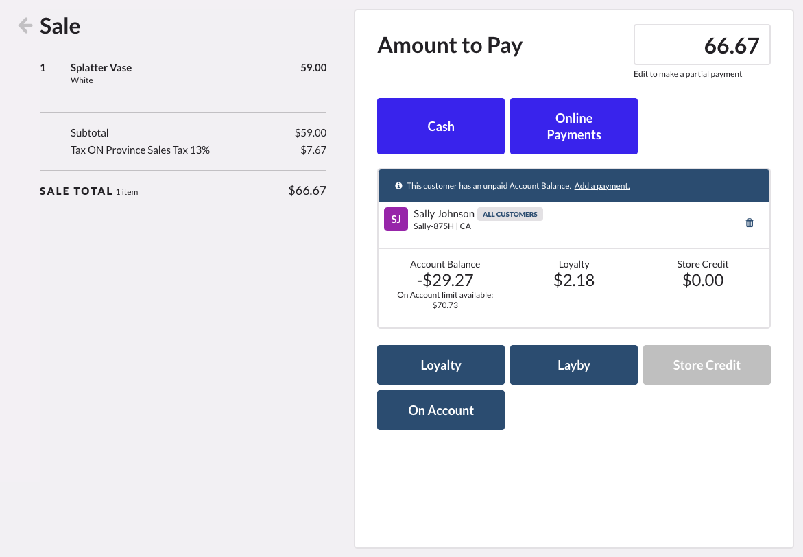 Vente montrant différentes options de paiement, notamment celle intitulée Vente à paiement différé.