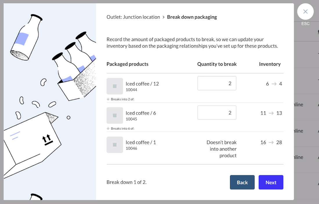 Fenêtre permettant de diviser le premier produit, avec les champs réservés à la saisie des quantités.