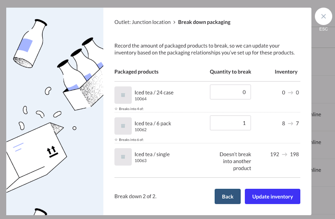 Fenêtre permettant de diviser le deuxième produit, avec les champs réservés à la saisie des quantités.