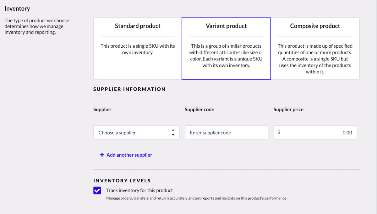 Page d’ajout de produit avec l’option Produit à variante sélectionnée.