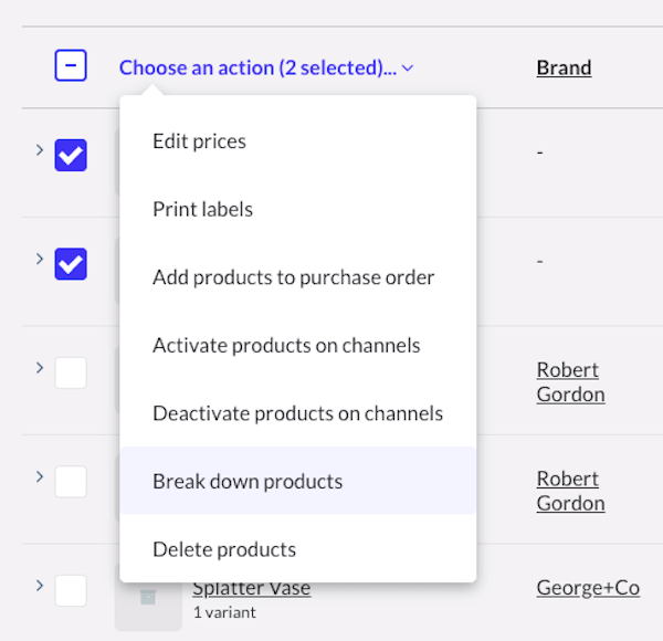 Liste déroulante Choisir une action, avec l’option Diviser les produits mise en surbrillance.