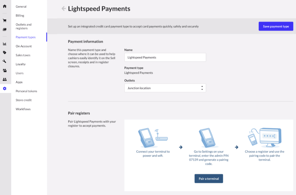 Personnalisation du type de paiement Paiements Lightspeed dans la section Types de paiement.
