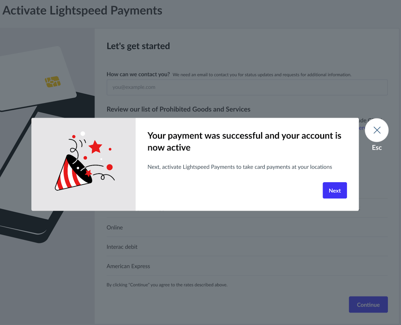 Inscription à Paiements Lightspeed à l’aide du module en libre-service à la section Types de paiement.Inscription à Paiements Lightspeed à l’aide du module en libre-service à la section Types de paiement.