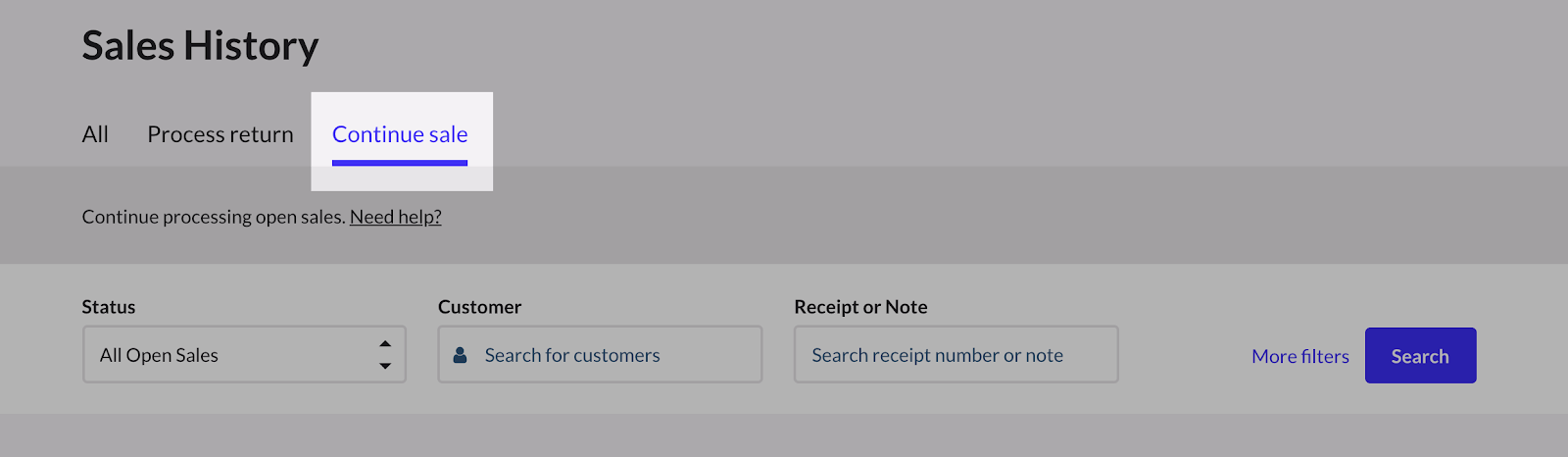 Onglet Continuer une vente