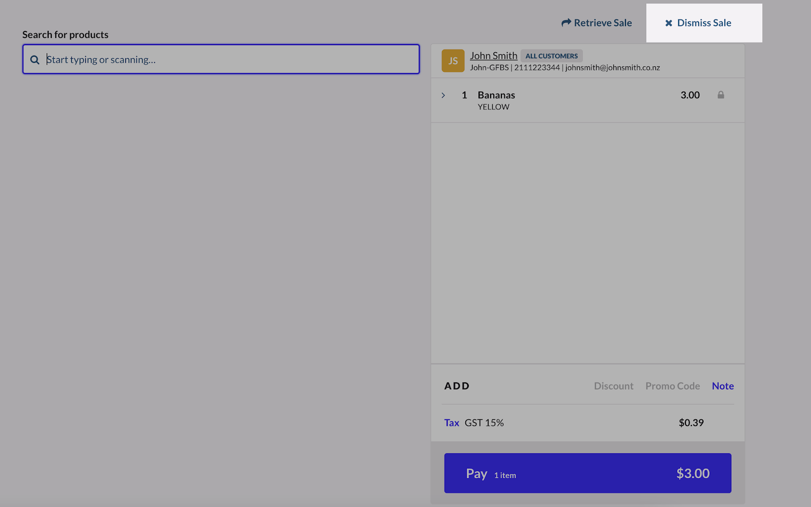Bouton Ignorer la vente sur l’écran de caisse