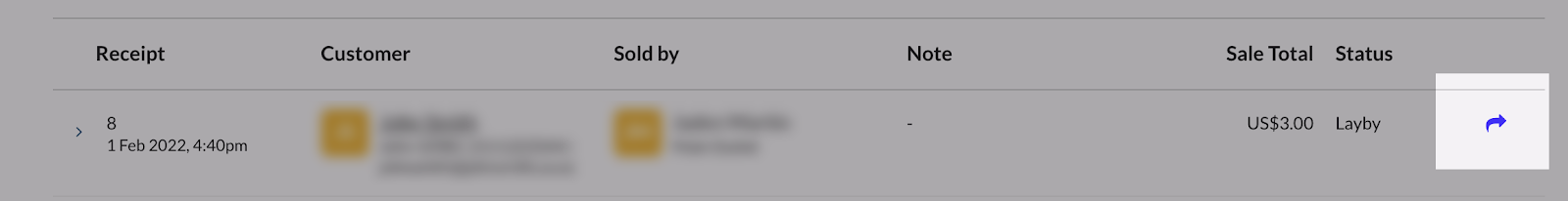 Vente dans la liste des ventes mises de côté