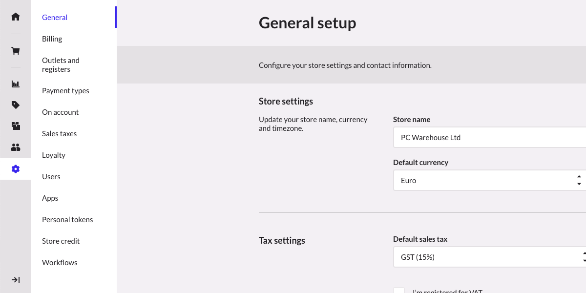 Catégorie Configuration de la borne Commande autonome Lightspeed, la page Général et les options du menu secondaire sont affichées