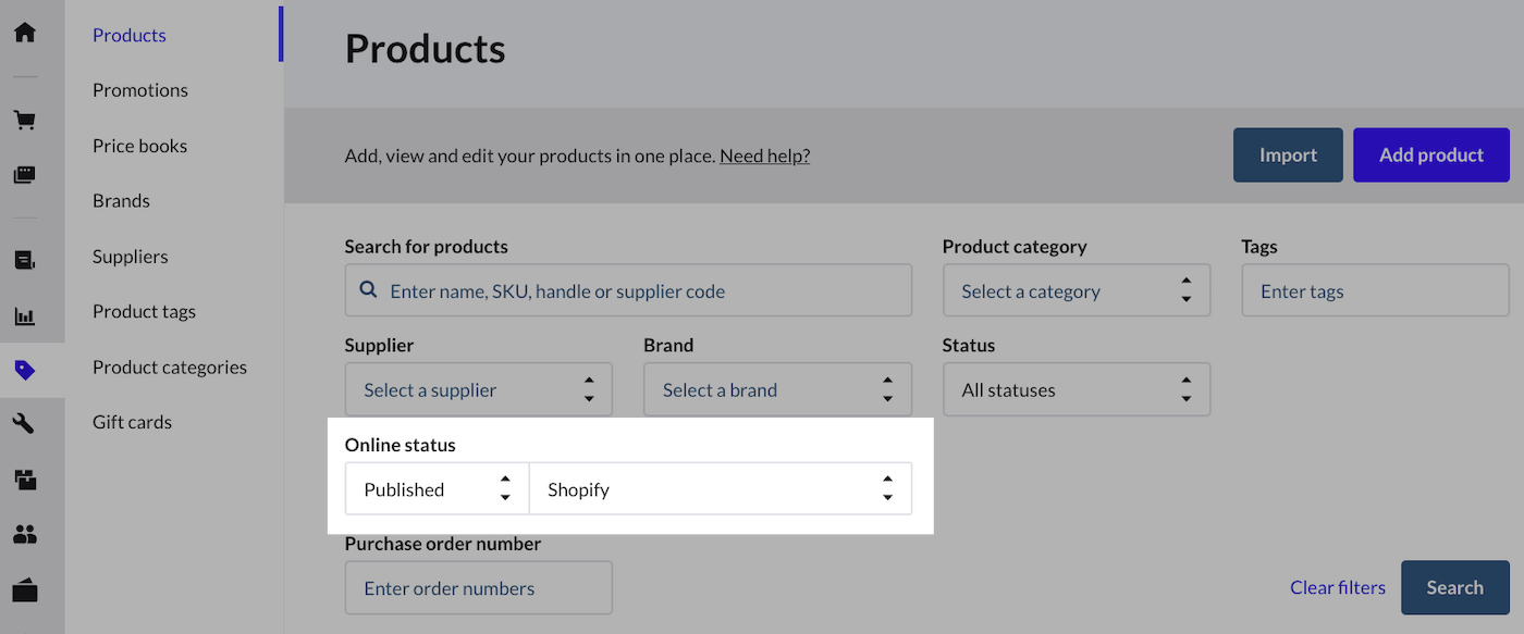 Filtres permettant de rechercher des produits, le menu déroulant État en ligne est mis en évidence. Il est défini sur Publié et sur Shopify.